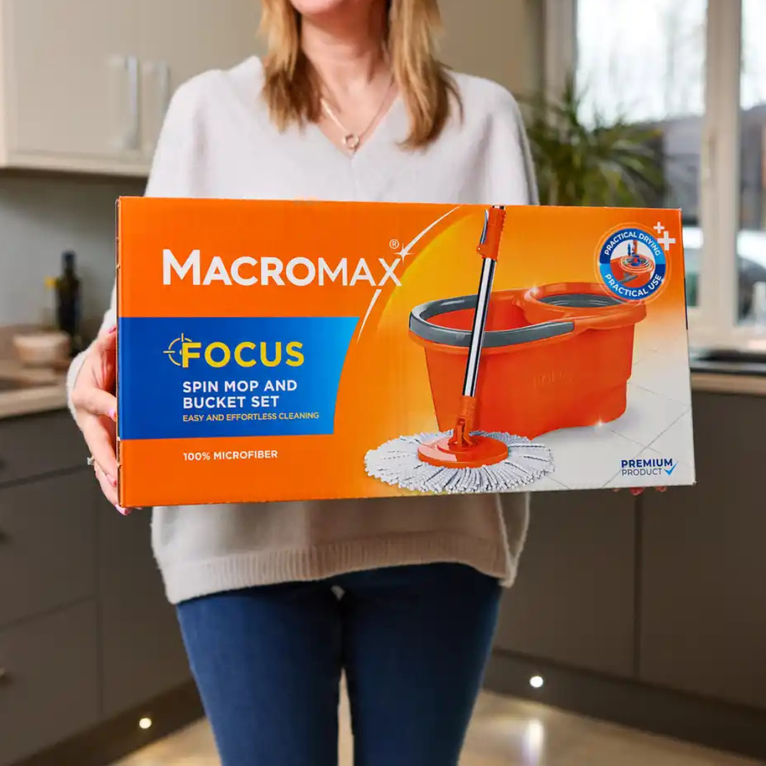 MACROMAX FOCUS SPIN MOP AND BUCKET SET + MULTI MOP REFILL – 360° Microfiber Mop with Spin-Dry Bucket