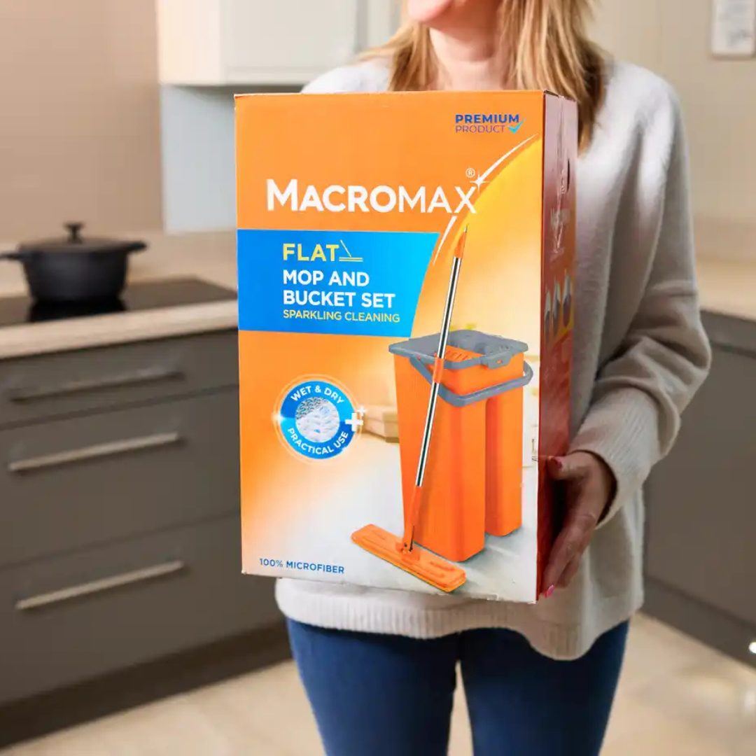 MACROMAX FLAT MOP AND BUCKET SET + FLAT MOP REFILL with 100% Microfibre for Wet & Dry Use