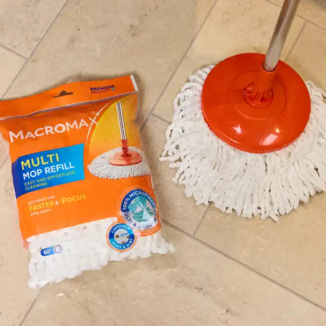 MACROMAX FOCUS SPIN MOP AND BUCKET SET + MULTI MOP REFILL – 360° Microfiber Mop with Spin-Dry Bucket