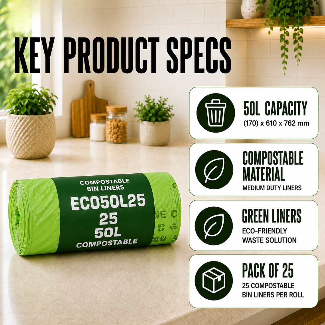 25 x ECO360 100% Compostable Corn Starch Bin Bags 600x670mm 50L