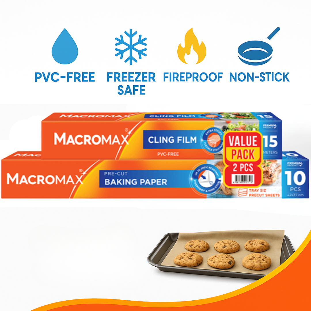 MACROMAX Cling Film 33m & Baking Paper 8m Value Pack | PVC-Free, Extra Sticky & Fireproof