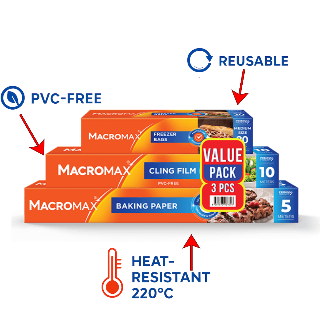 MACROMAX Food Storage & Cooking Value Pack | Cling Film, Baking Paper & Freezer Bags