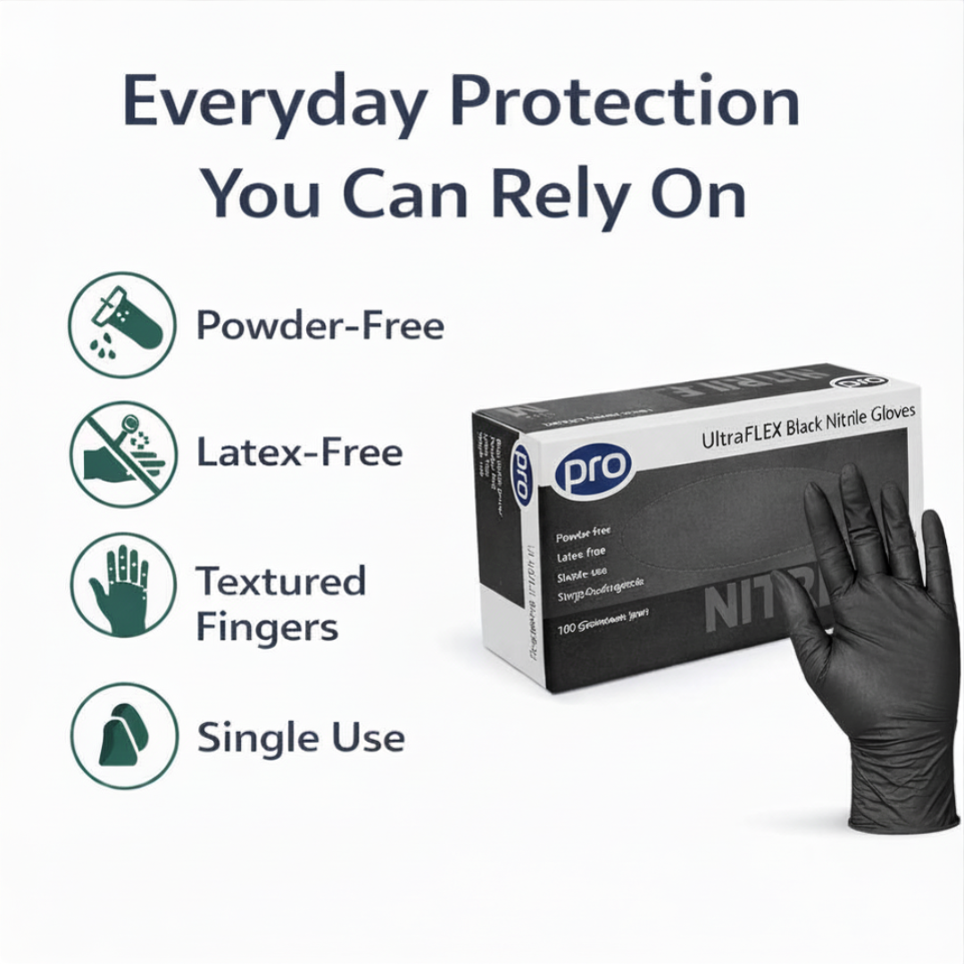 Ultraflex Black Nitrile Gloves – Powder-Free, Latex-Free Disposable Gloves (100 Pack)
