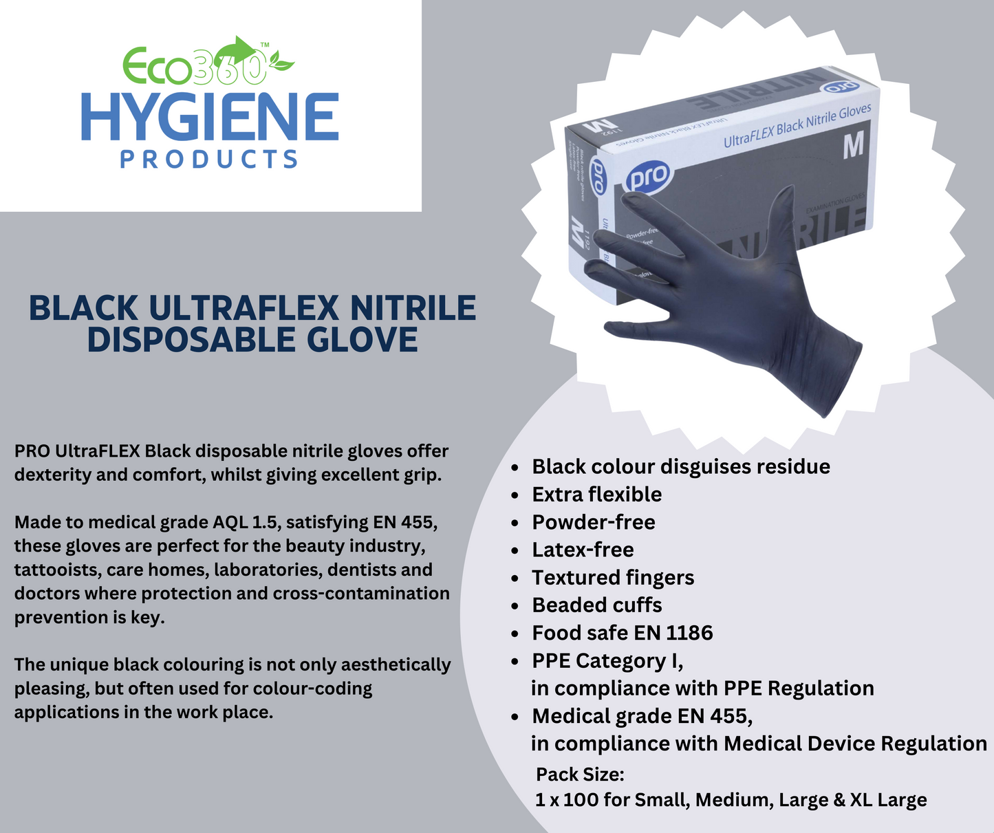 Pro Ultraflex Black Nitrile Gloves (100) Medium