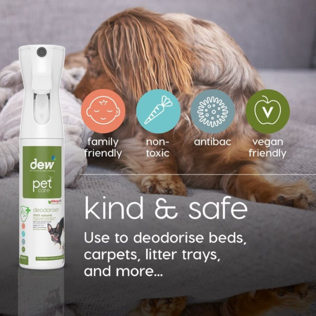 Dew Pet Deodoriser – 100% Mineral Hypoallergenic Anti-Bac Properties, Stops Smell, Fragrance-Free | Refillable
