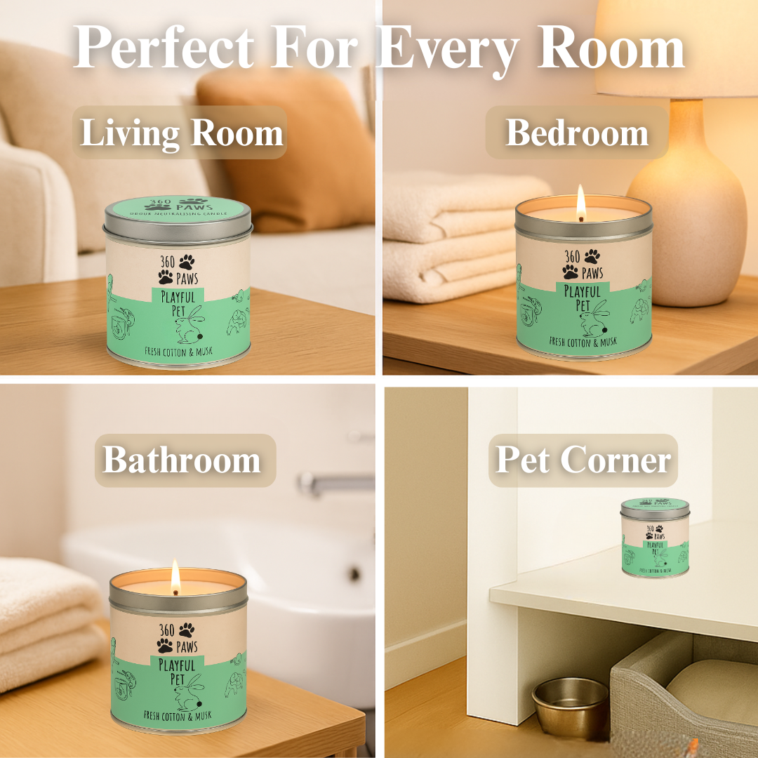 360 Paws Playful Pet Odour Neutralising Candle – Fresh Cotton & Musk | 50hr Pet-Safe AromaGuard™ Candle