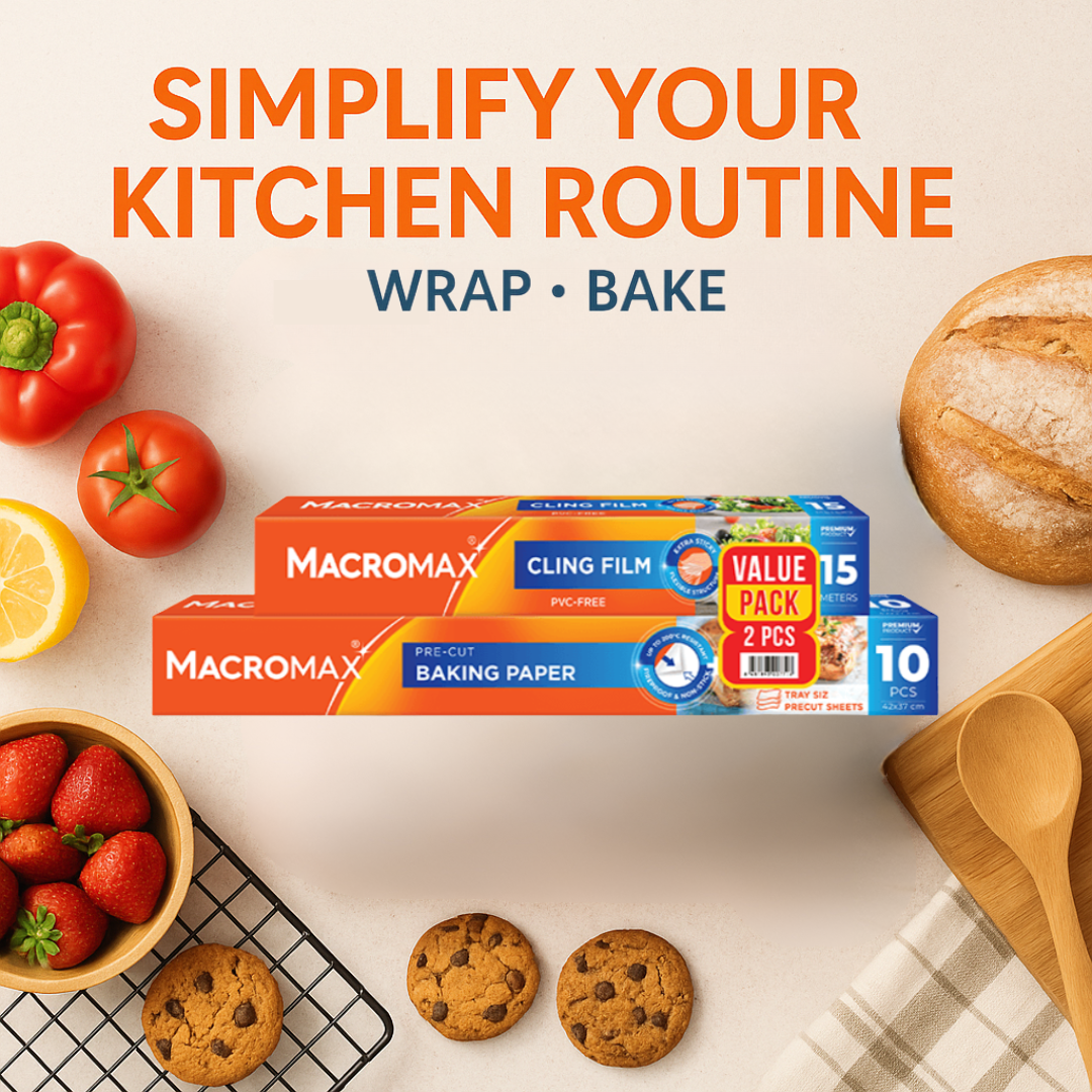 MACROMAX Cling Film 33m & Baking Paper 8m Value Pack | PVC-Free, Extra Sticky & Fireproof