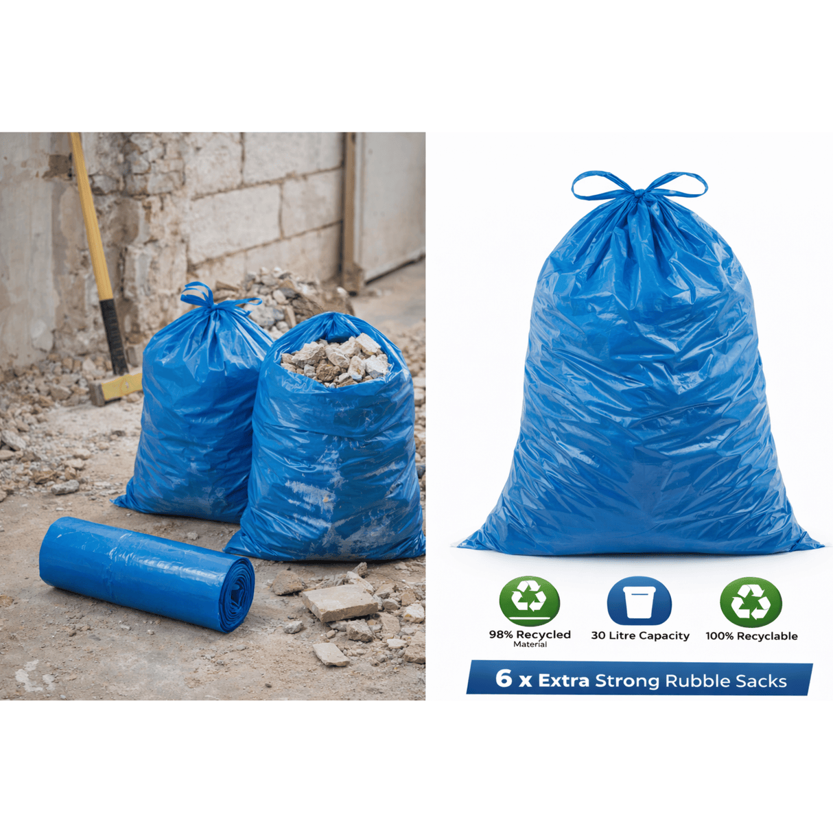 Eco 360 Industrial Rubble Sacks 30L – Heavy Duty Leak Resistant Garden & Builder Waste Bags (6 Roll, 500x762mm)