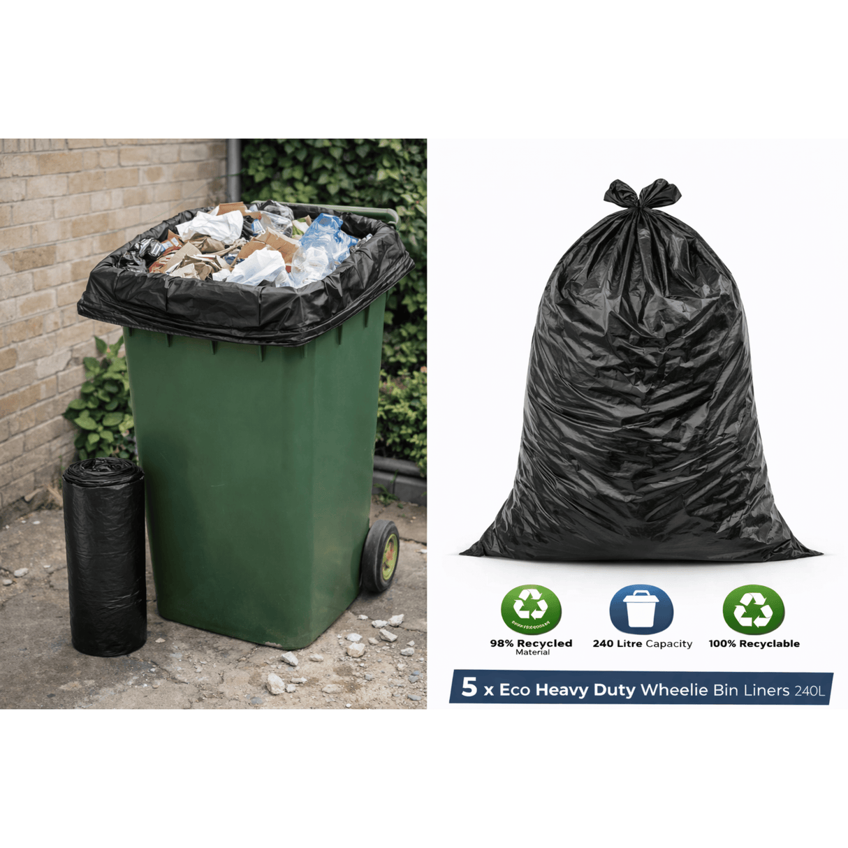 5 x Eco Heavy Duty Wheelie Bin Liners 240L