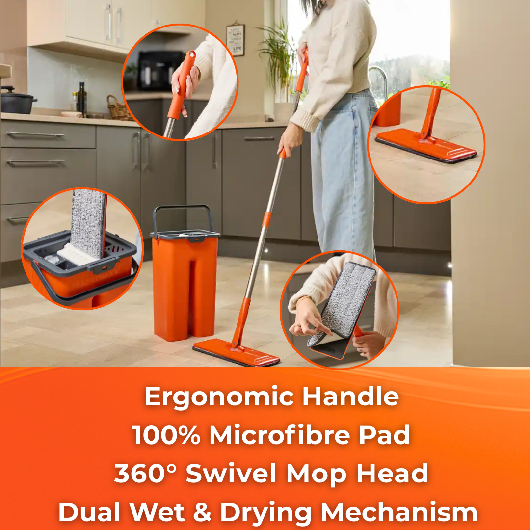 MACROMAX FLAT MOP AND BUCKET SET + FLAT MOP REFILL with 100% Microfibre for Wet & Dry Use