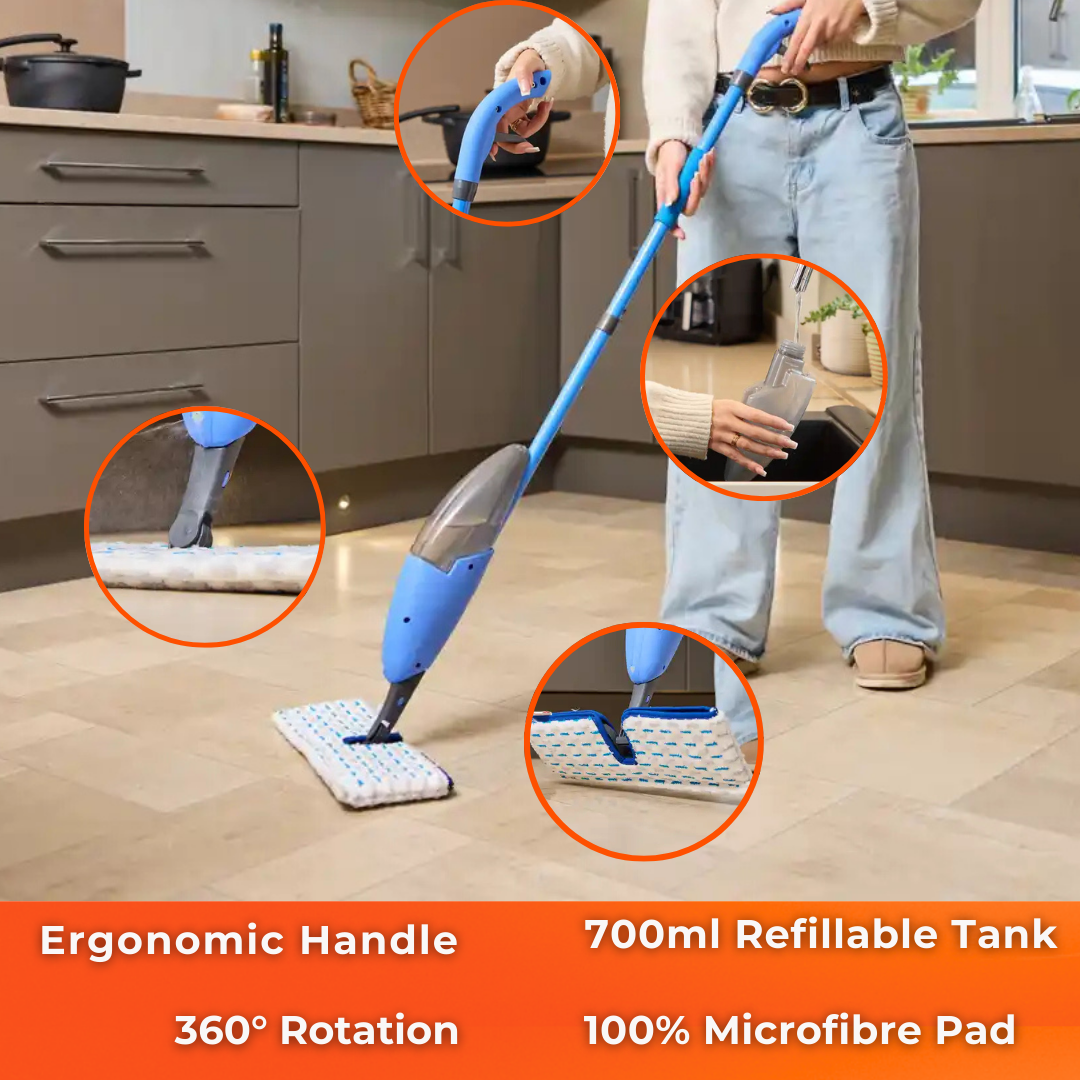 MACROMAX FASHION DOUBLE SPRAY MOP – 360° Swivel Head with 550ml Refillable Bottle and Washable Pads