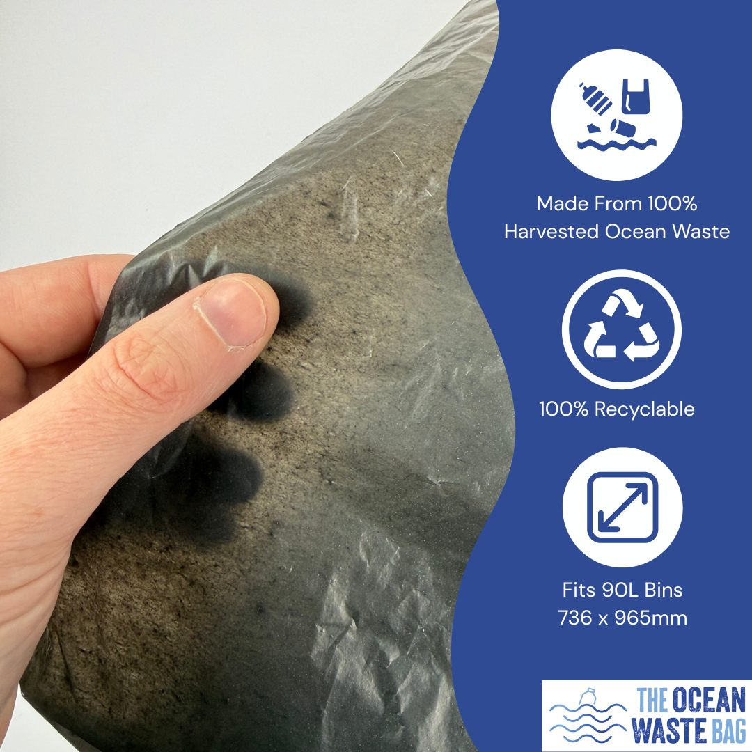Ocean Waste Sacks 200 Bulk Pack Medium Duty 24mu 457 x 736 x 965mm Flat Pack Bags 90L - Made From 100% Harvested Ocean Plastic Waste