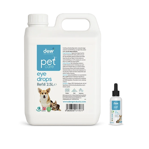 Dew Pet Eye Drops – 100% Mineral, Kind & Gentle Cleansing 65ML and 2.5 Litre refill