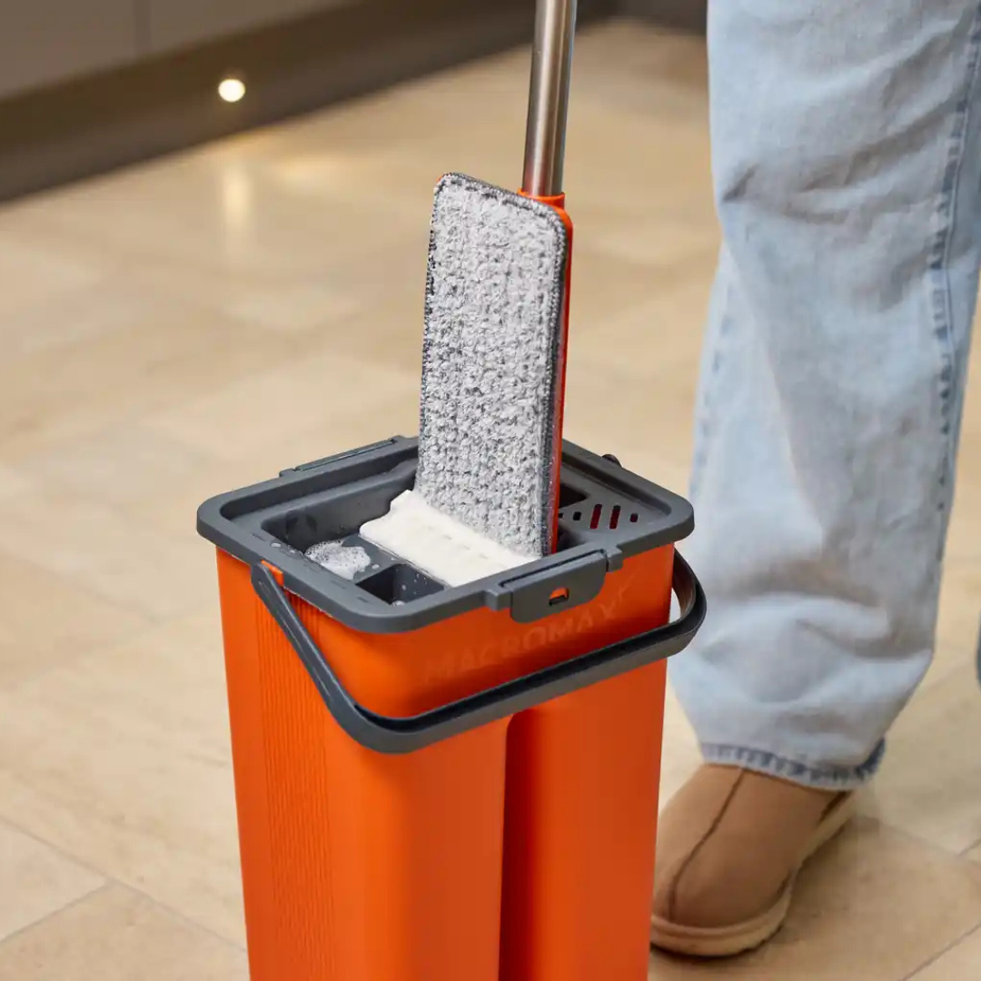 MACROMAX FLAT MOP AND BUCKET SET + FLAT MOP REFILL with 100% Microfibre for Wet & Dry Use
