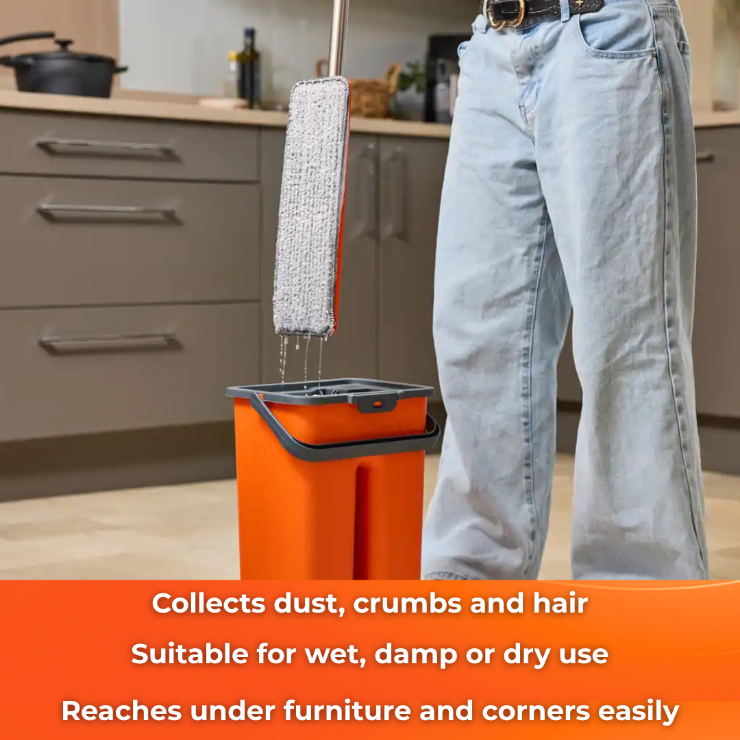 MACROMAX FLAT MOP AND BUCKET SET + FLAT MOP REFILL with 100% Microfibre for Wet & Dry Use