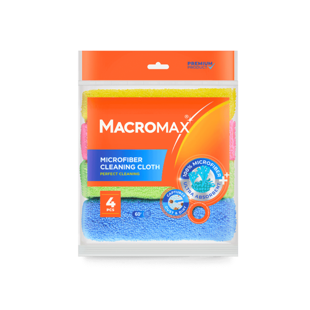 MACROMAX 100% MICROFIBRE CLEANING CLOTH (4 Pack) |Ultra Absorbent, 100% Microfibre, Lint-Free (4 Pack)