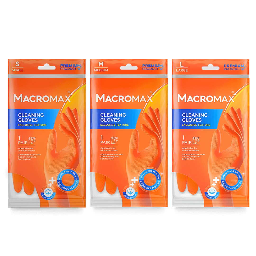 MACROMAX CLEANING GLOVES – Small, Medium and Large | Cotton Lining, Waterproof, Non-Slip Latex Gloves