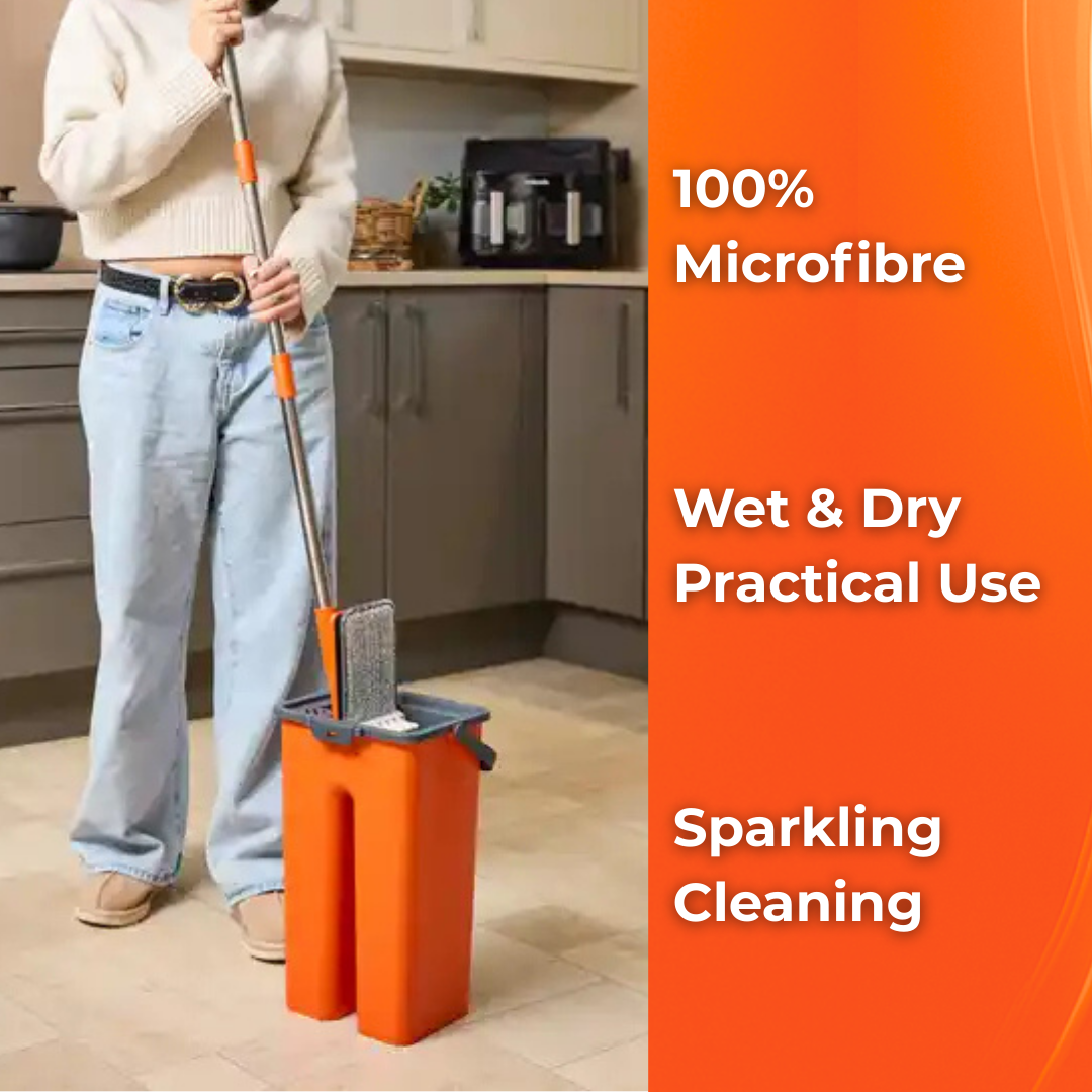 MACROMAX FLAT MOP AND BUCKET SET + FLAT MOP REFILL with 100% Microfibre for Wet & Dry Use