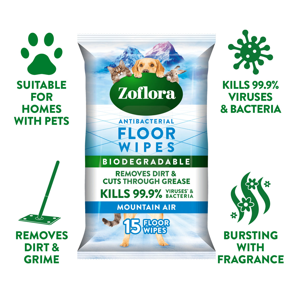 Zoflora Mountain Air Antibacterial Floor Wipes (Pet Friendly)