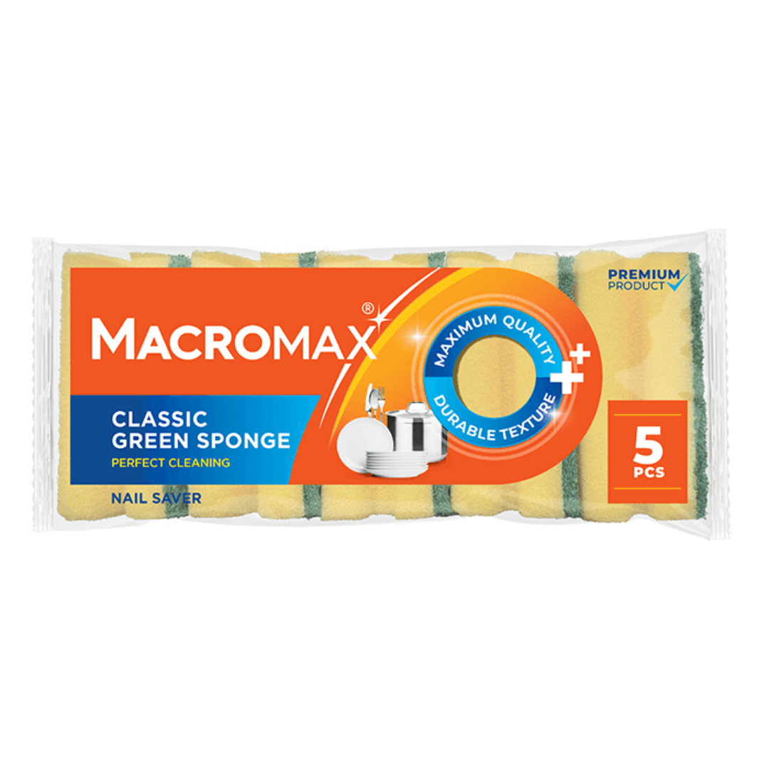 MACROMAX Classic Green Sponge – Nail Saver (5 Pack) | Maximum Quality & Durable Cleaning Texture