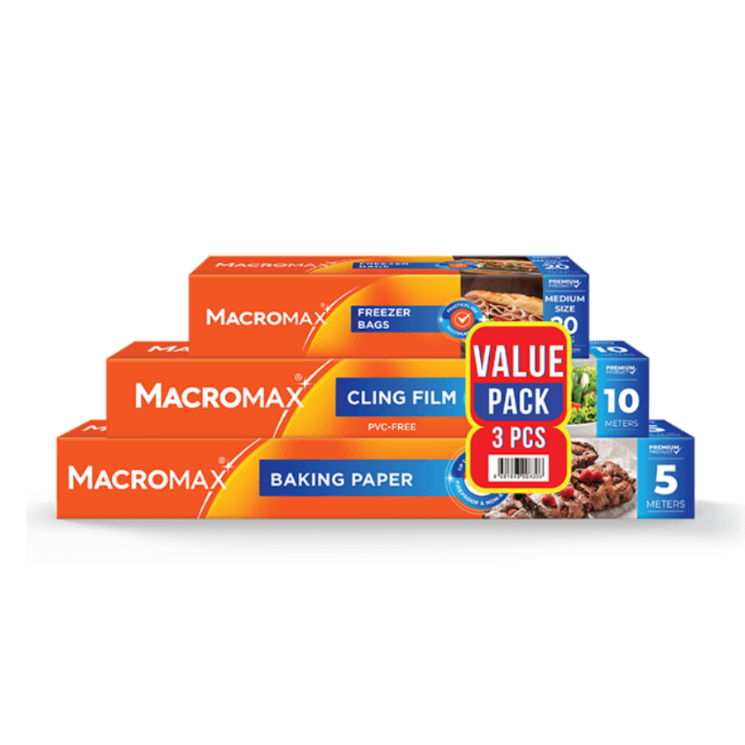 MACROMAX Food Storage & Cooking Value Pack | Cling Film, Baking Paper & Freezer Bags