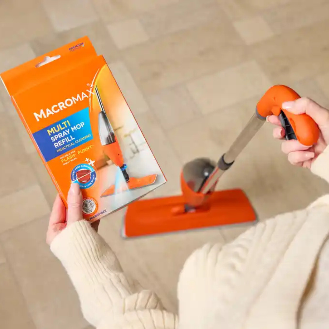 MACROMAX FLASH SPRAY MOP with 700ml Refillable Tank + MULTI SPRAY MOP REFILL – Bucket-Free Microfiber Floor Cleaning System