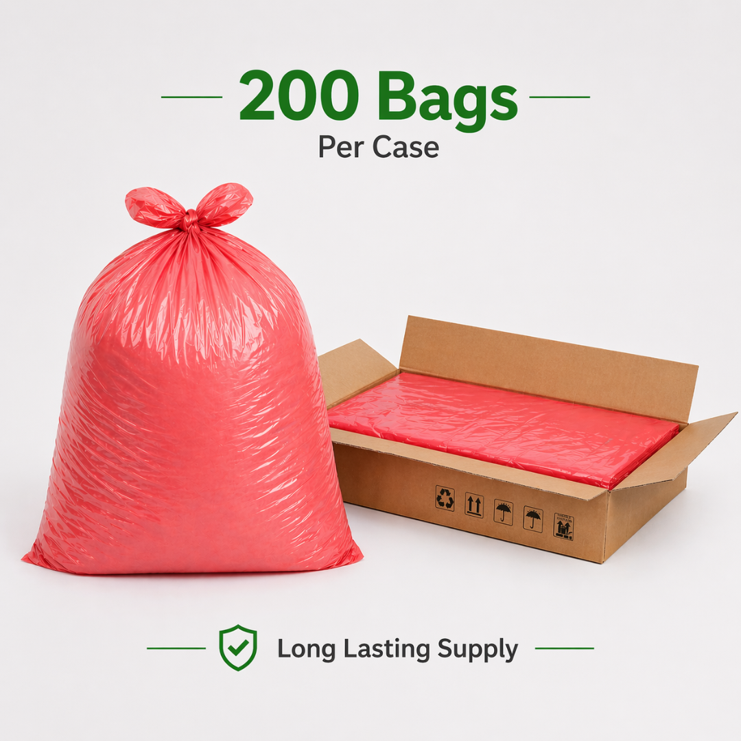 Red Medium Duty Refuse Sacks (200pk) 18x29x38"  10kg Bin Bag 18 Micron 97% Recycled material
