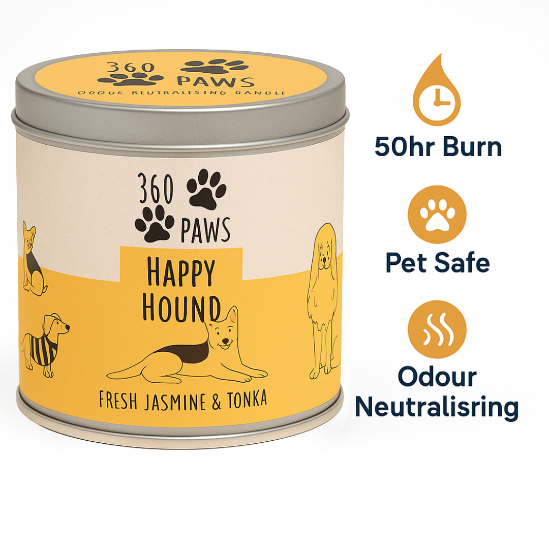 360 Paws Happy Hound Odour Neutralising Candle – Fresh Jasmine & Tonka  | 50hr Pet-Safe AromaGuard™ Candle