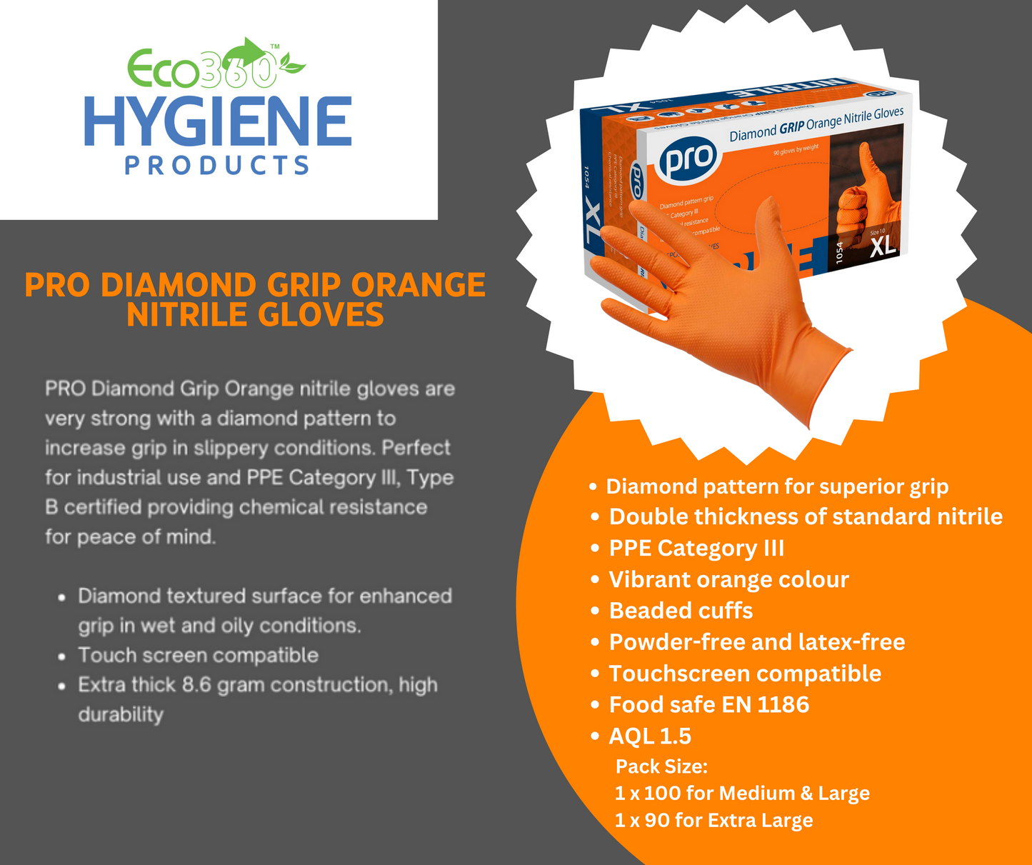 Pro Orange Diamond Grip Nitrile Gloves (100) Medium