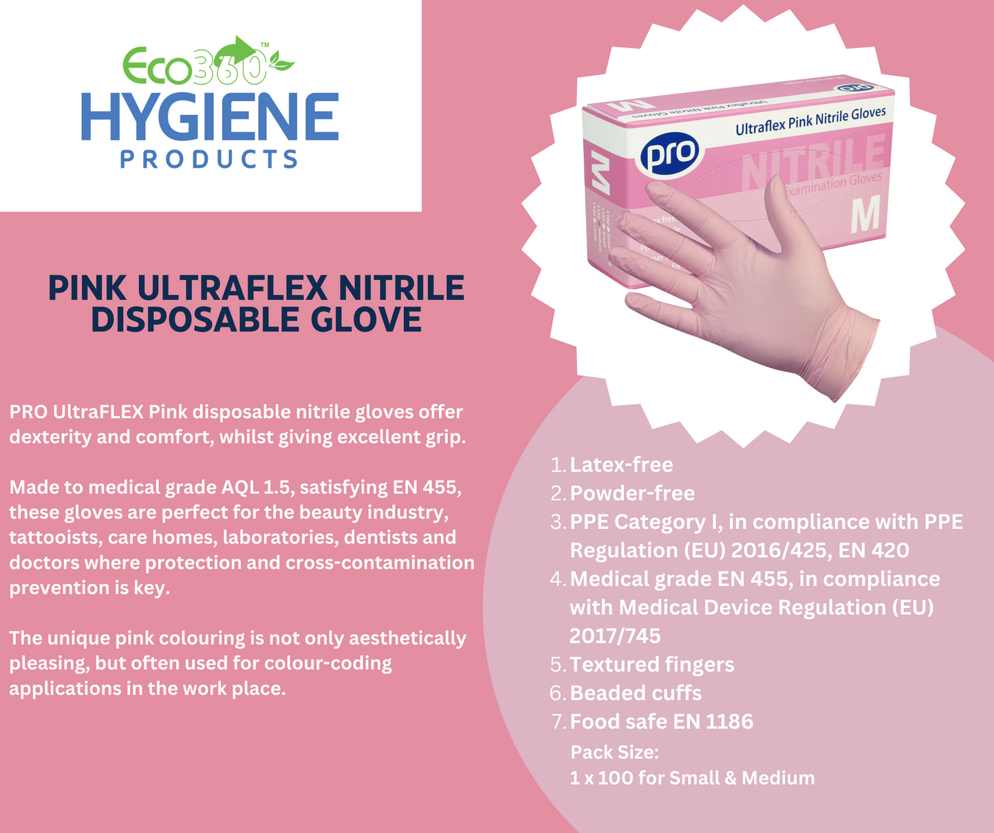 Pro Ultraflex Pink Nitrile Gloves (100) Large