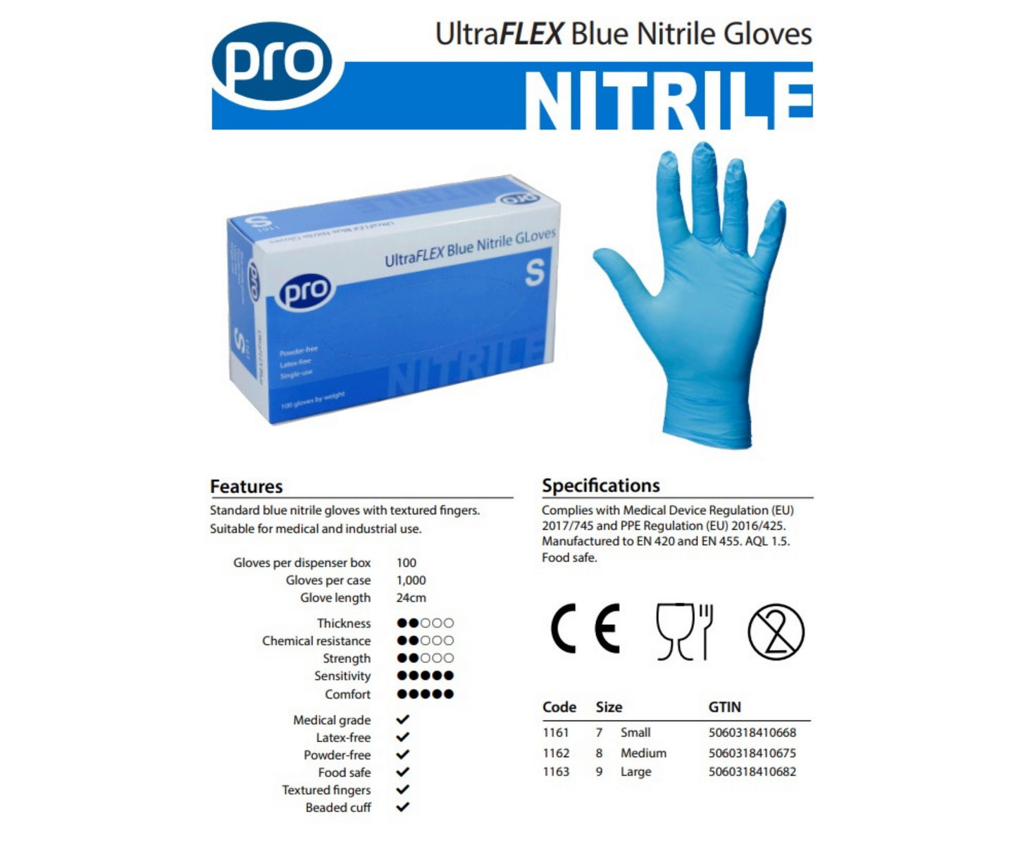 Pro Ultraflex Blue Nitrile Gloves (100) Large