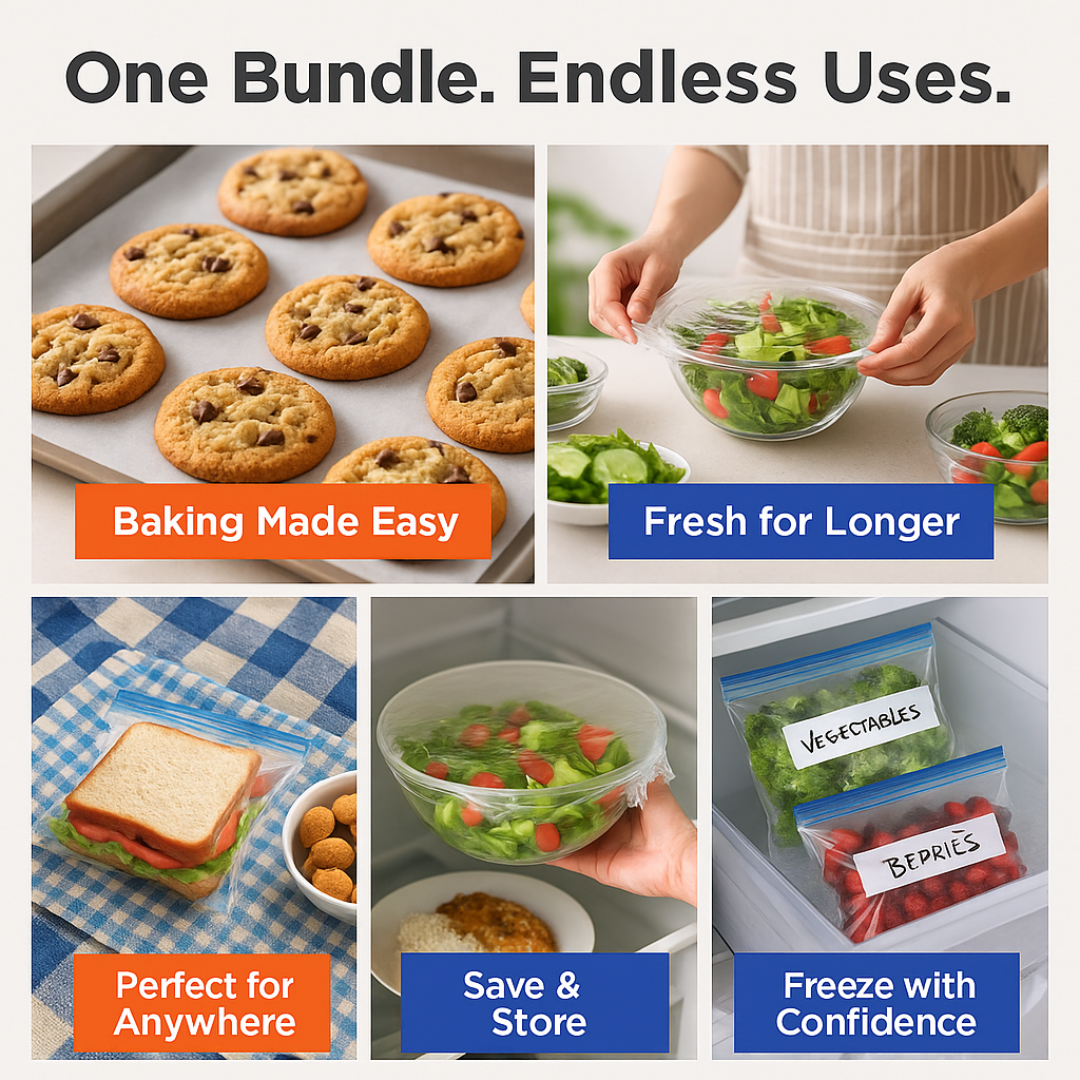MACROMAX Food Storage & Cooking Value Pack | Cling Film, Baking Paper & Freezer Bags