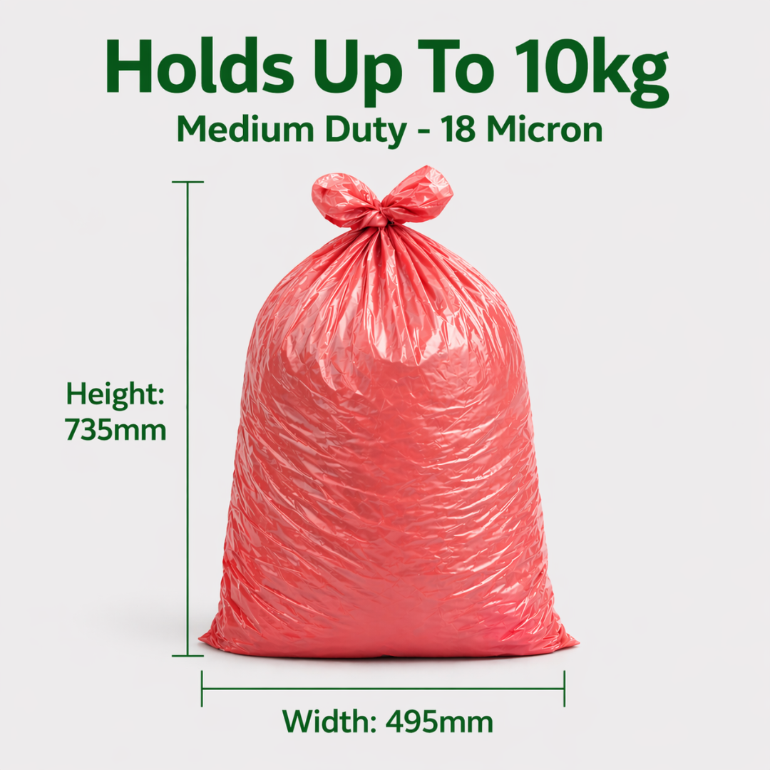 Red Medium Duty Refuse Sacks (200pk) 18x29x38"  10kg Bin Bag 18 Micron 97% Recycled material