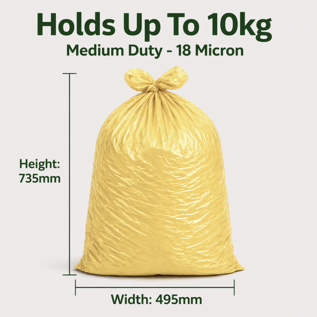 Yellow Medium Duty Refuse Sacks (200pk) 18x29x38"  – 18 Micron Bin Bags, 10kg Strong, 97% Recycled