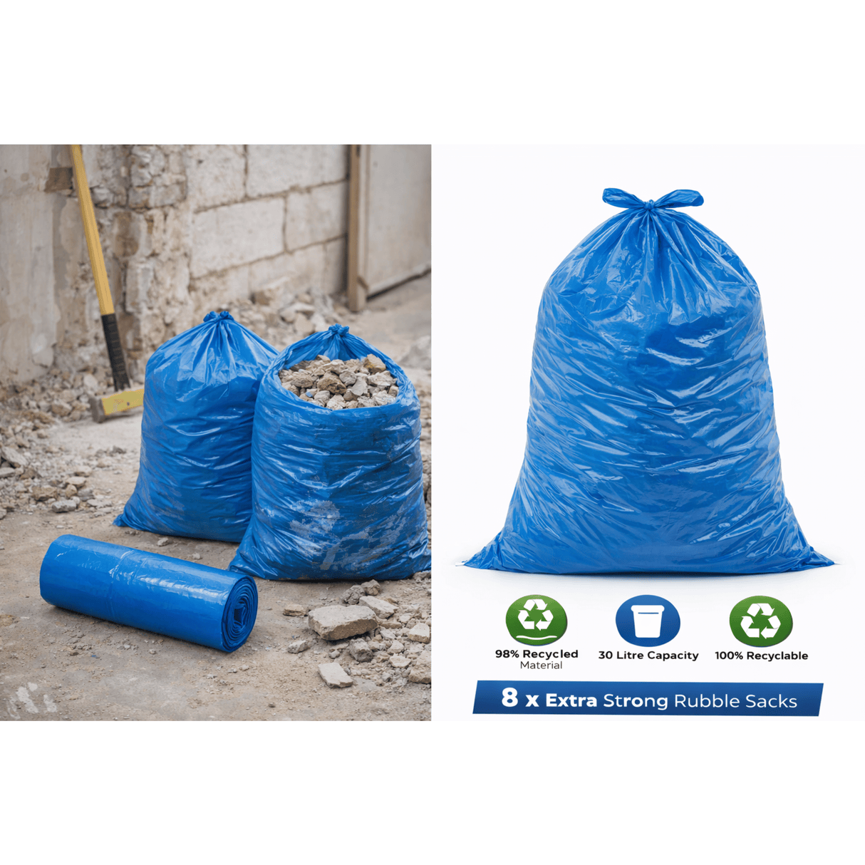 8 x Eco Heavy Duty Rubble Sacks Blue 30L