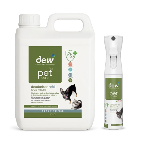 Dew Pet Deodoriser – 100% Mineral Hypoallergenic Anti-Bac Properties, Stops Smell, Fragrance-Free | Refillable