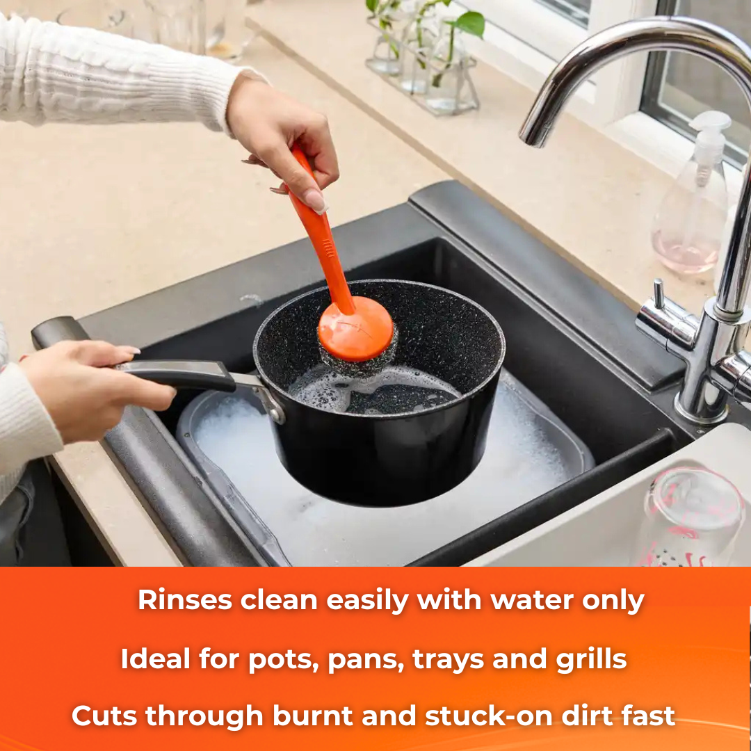 MACROMAX SCOURER WITH HANDLE – Non-Scratch Stainless Steel Scrubber for Stubborn Kitchen Dirt