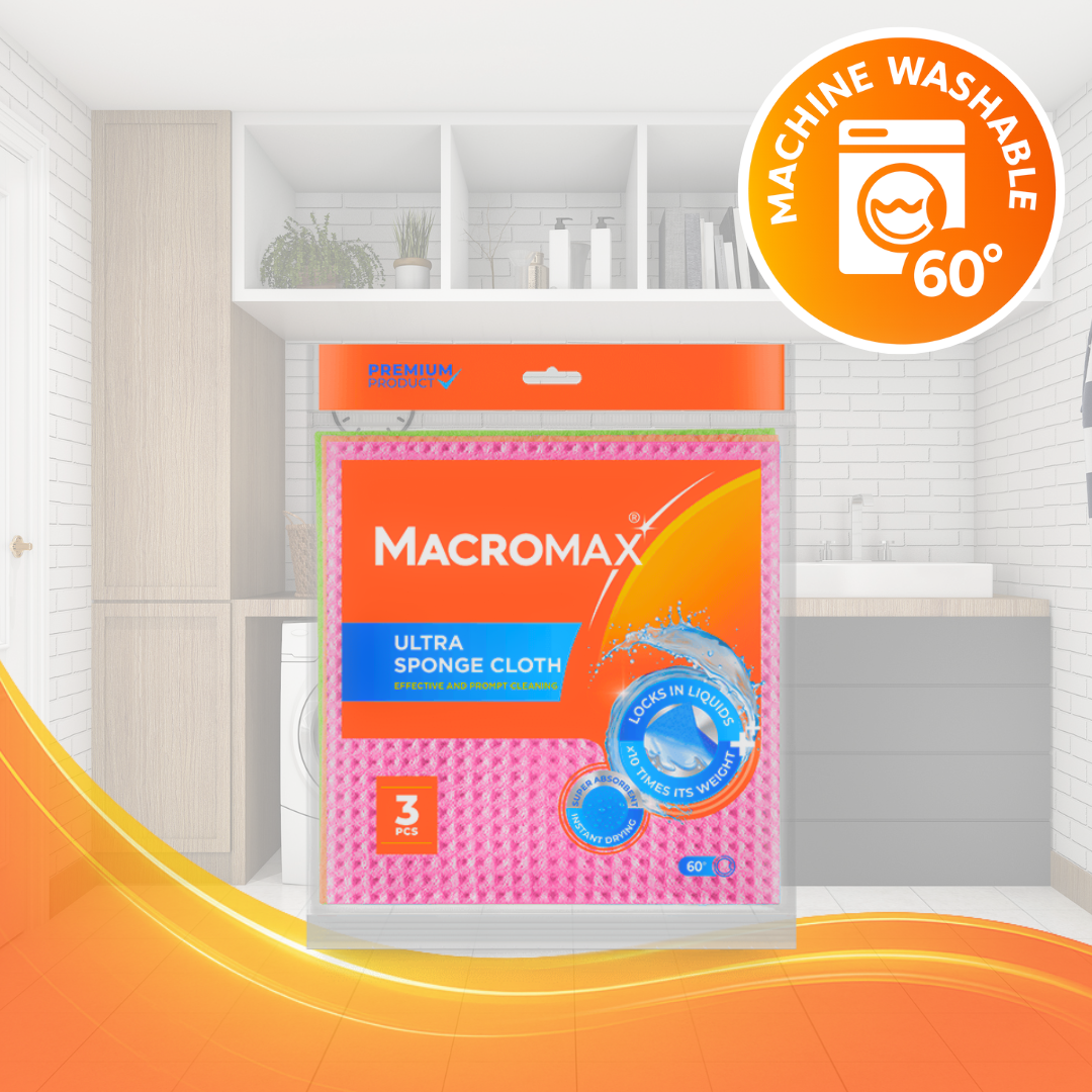 MACROMAX Ultra Sponge Cloth – 3 Pack | Super Absorbent, Biodegradable, Instant-Drying Cleaning Cloths