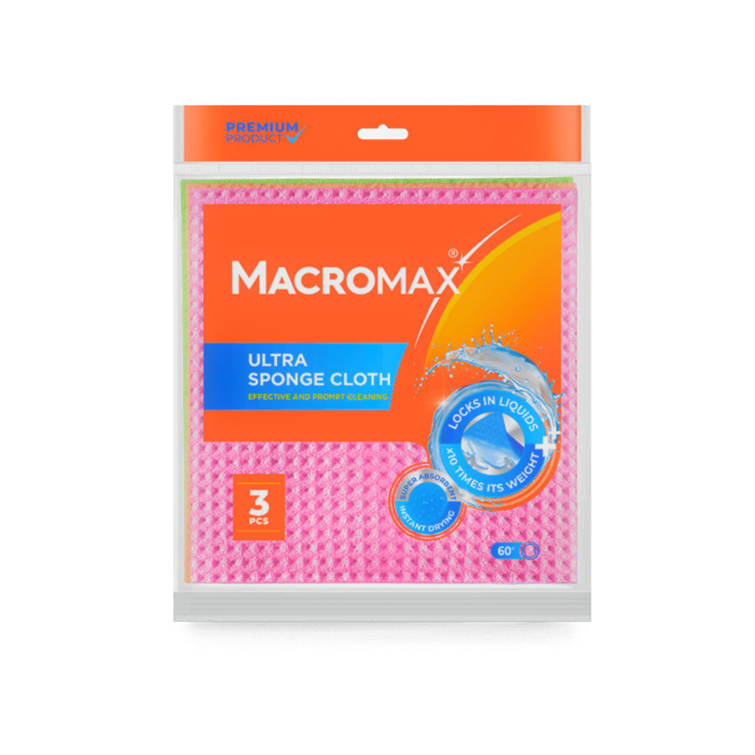 MACROMAX Ultra Sponge Cloth – 3 Pack | Super Absorbent, Biodegradable, Instant-Drying Cleaning Cloths