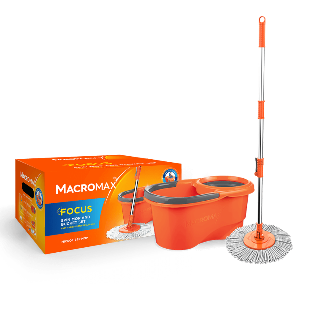 MACROMAX FOCUS SPIN MOP AND BUCKET SET + MULTI MOP REFILL – 360° Microfiber Mop with Spin-Dry Bucket