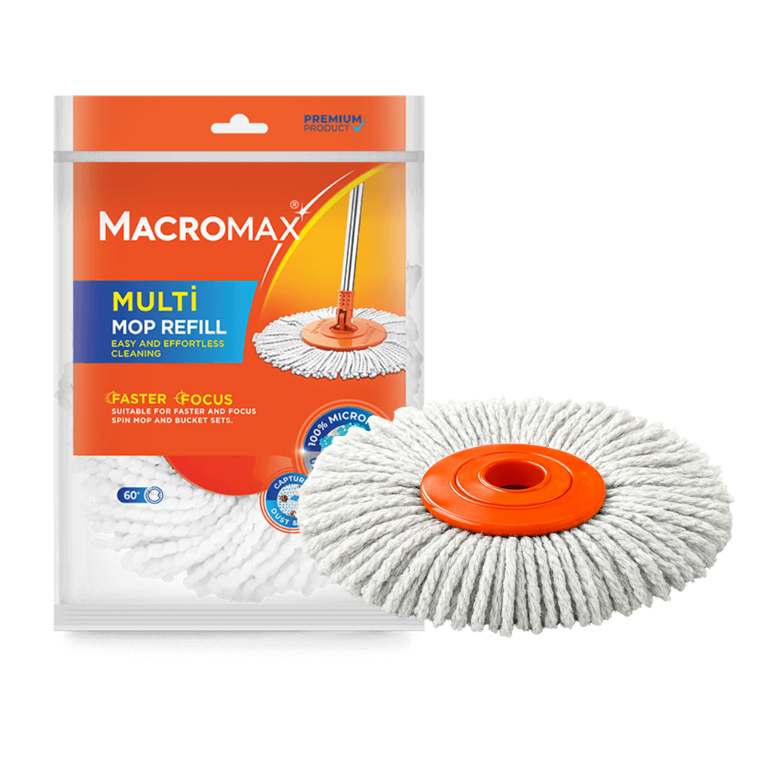 MACROMAX FOCUS SPIN MOP AND BUCKET SET + MULTI MOP REFILL – 360° Microfiber Mop with Spin-Dry Bucket